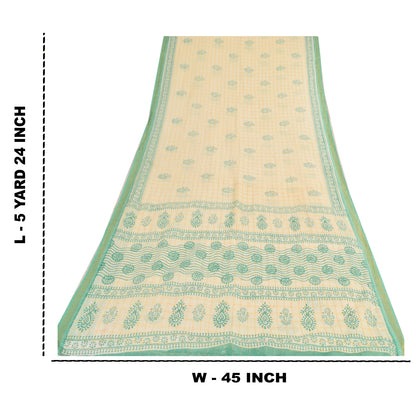 Sanskriti Vintage Sarees Ivory/Green Hand Block Printed Pure Cotton Sari Sustainable Fabric