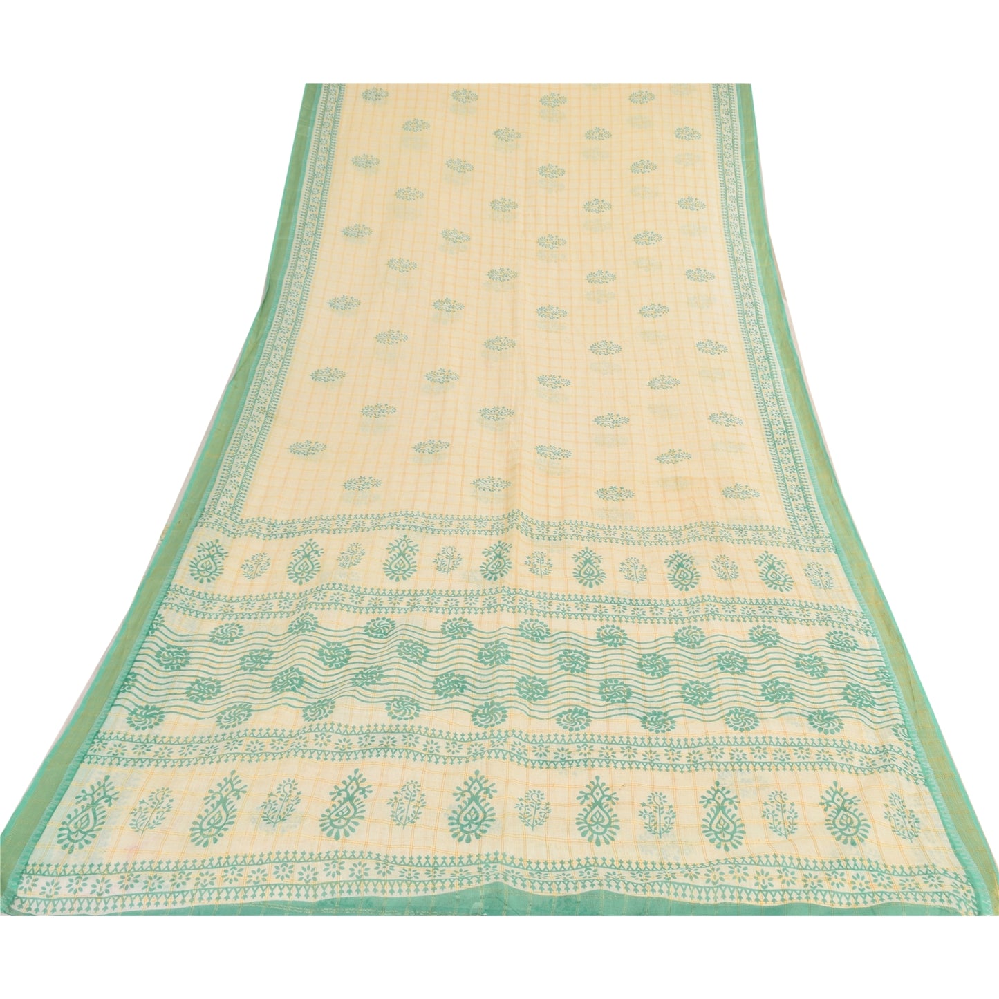 Sanskriti Vintage Sarees Ivory/Green Hand Block Printed Pure Cotton Sari Sustainable Fabric
