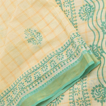 Sanskriti Vintage Sarees Ivory/Green Hand Block Printed Pure Cotton Sari Sustainable Fabric