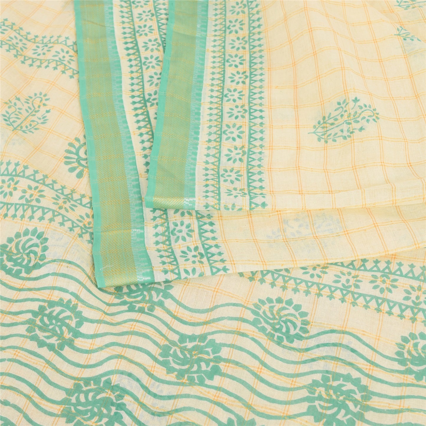Sanskriti Vintage Sarees Ivory/Green Hand Block Printed Pure Cotton Sari Sustainable Fabric