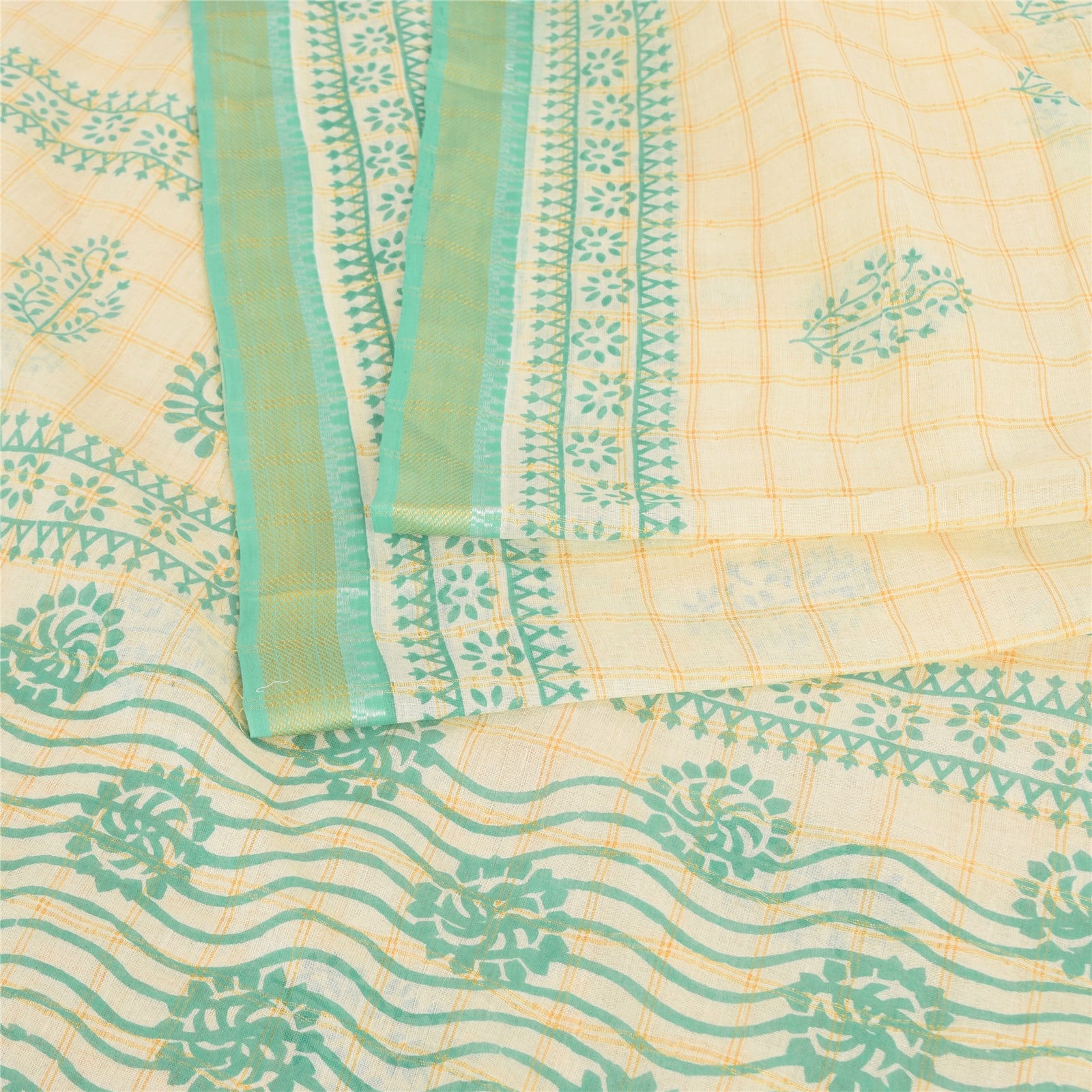 Sanskriti Vintage Sarees Ivory/Green Hand Block Printed Pure Cotton Sari Sustainable Fabric