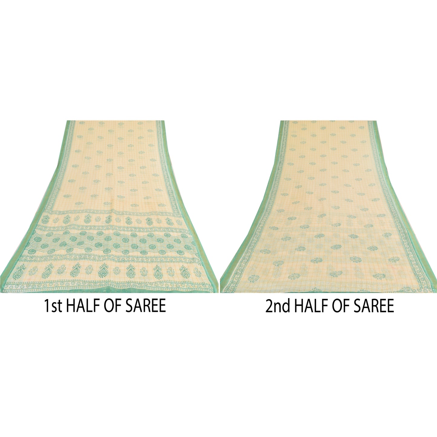 Sanskriti Vintage Sarees Ivory/Green Hand Block Printed Pure Cotton Sari Sustainable Fabric