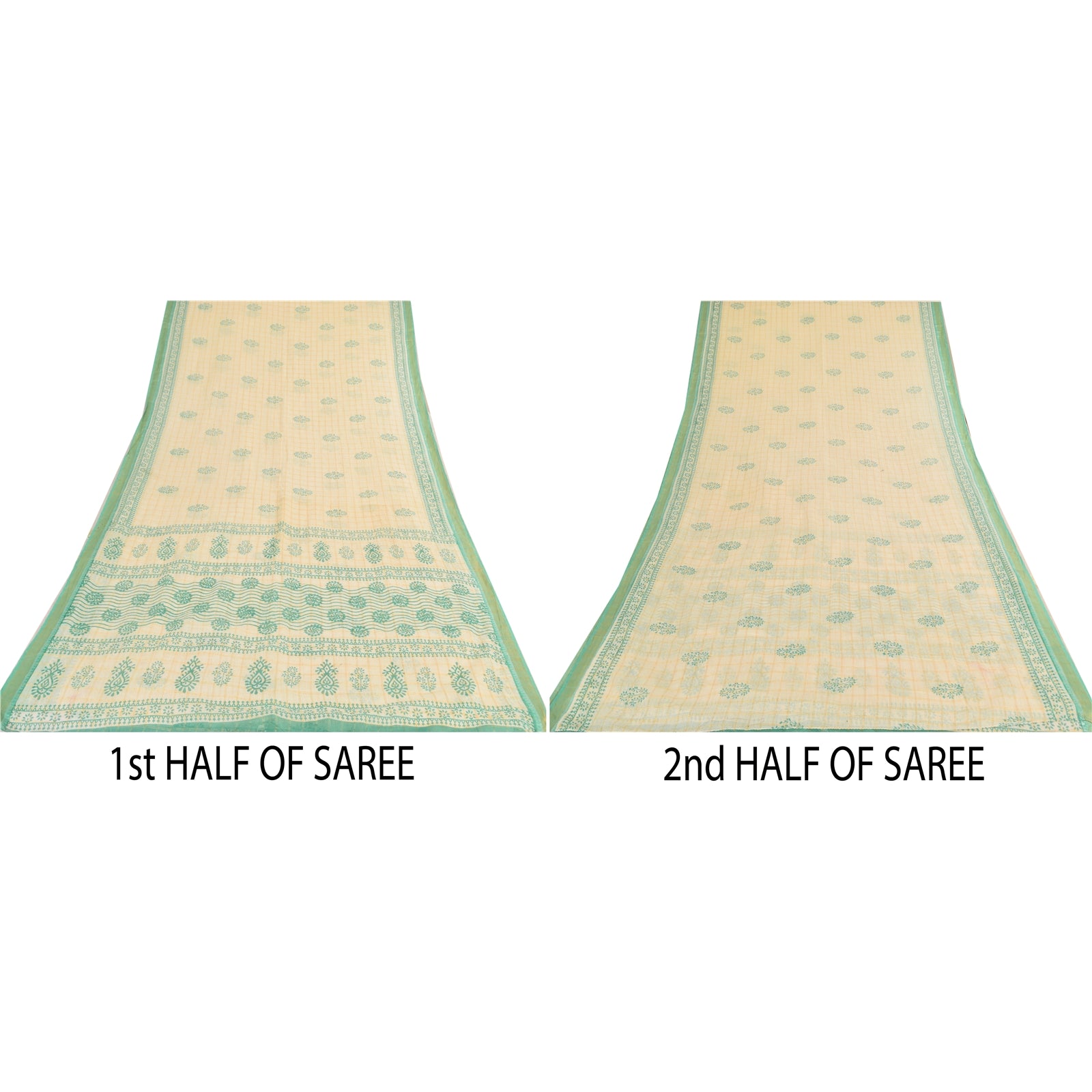 Sanskriti Vintage Sarees Ivory/Green Hand Block Printed Pure Cotton Sari Sustainable Fabric