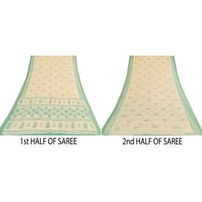 Sanskriti Vintage Sarees Ivory/Green Hand Block Printed Pure Cotton Sari Sustainable Fabric