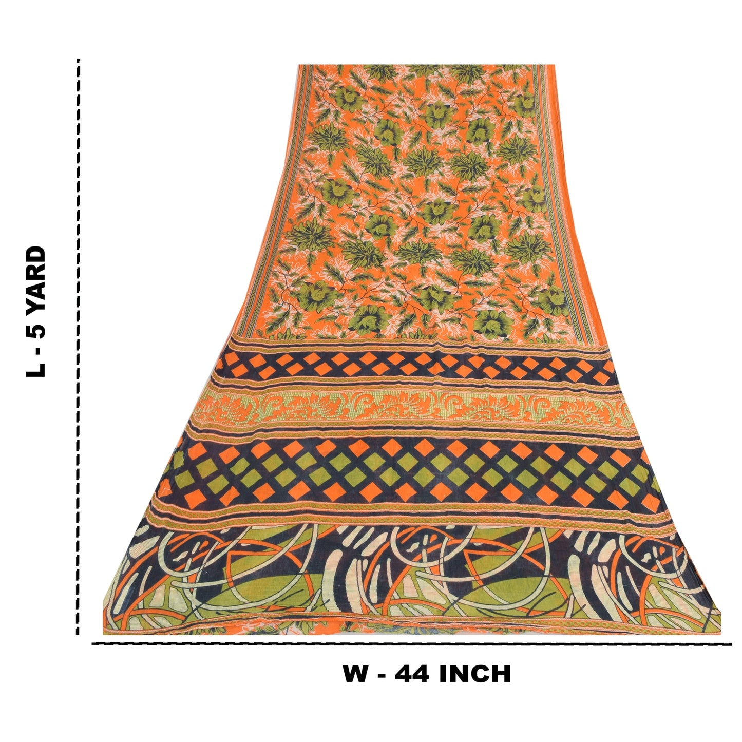 Sanskriti Vintage Sarees Orange/Green Pure Cotton Printed Sari 5yd Craft Sustainable Fabric