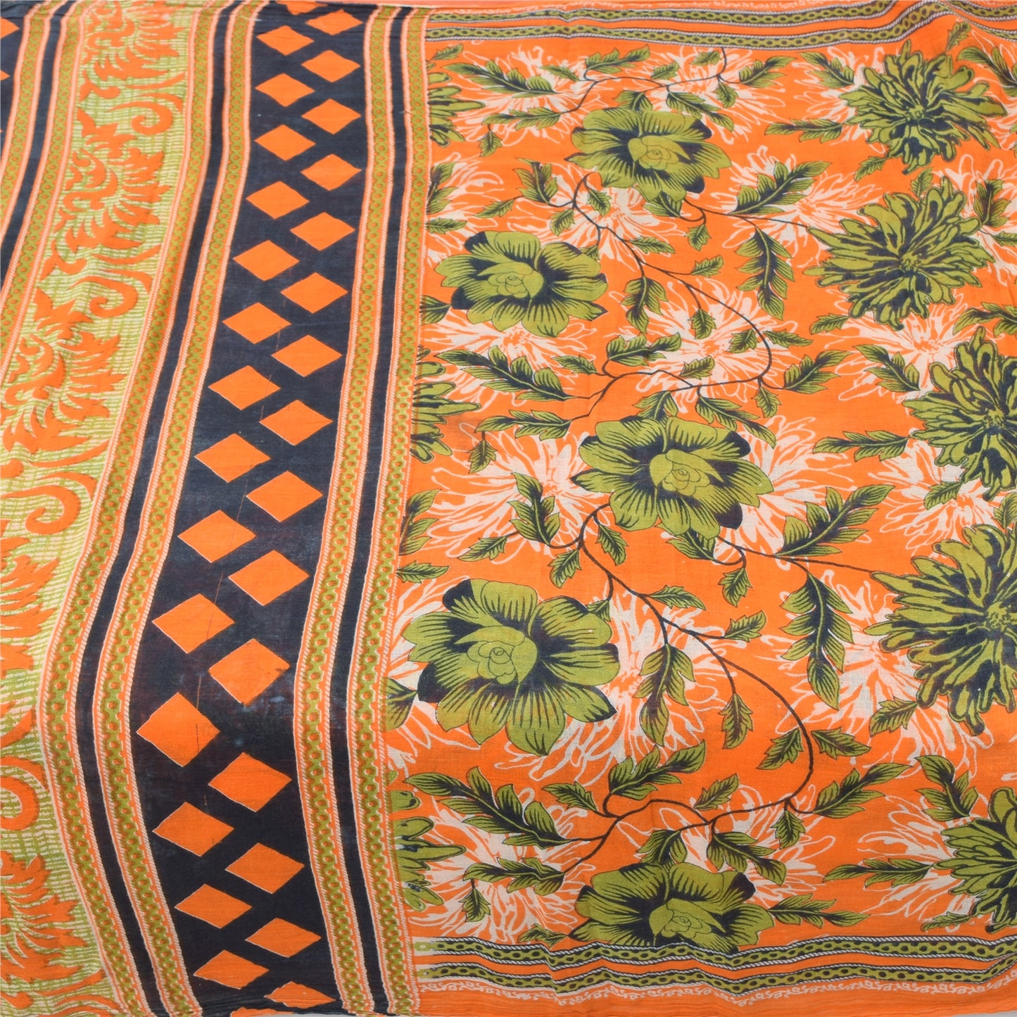 Sanskriti Vintage Sarees Orange/Green Pure Cotton Printed Sari 5yd Craft Sustainable Fabric