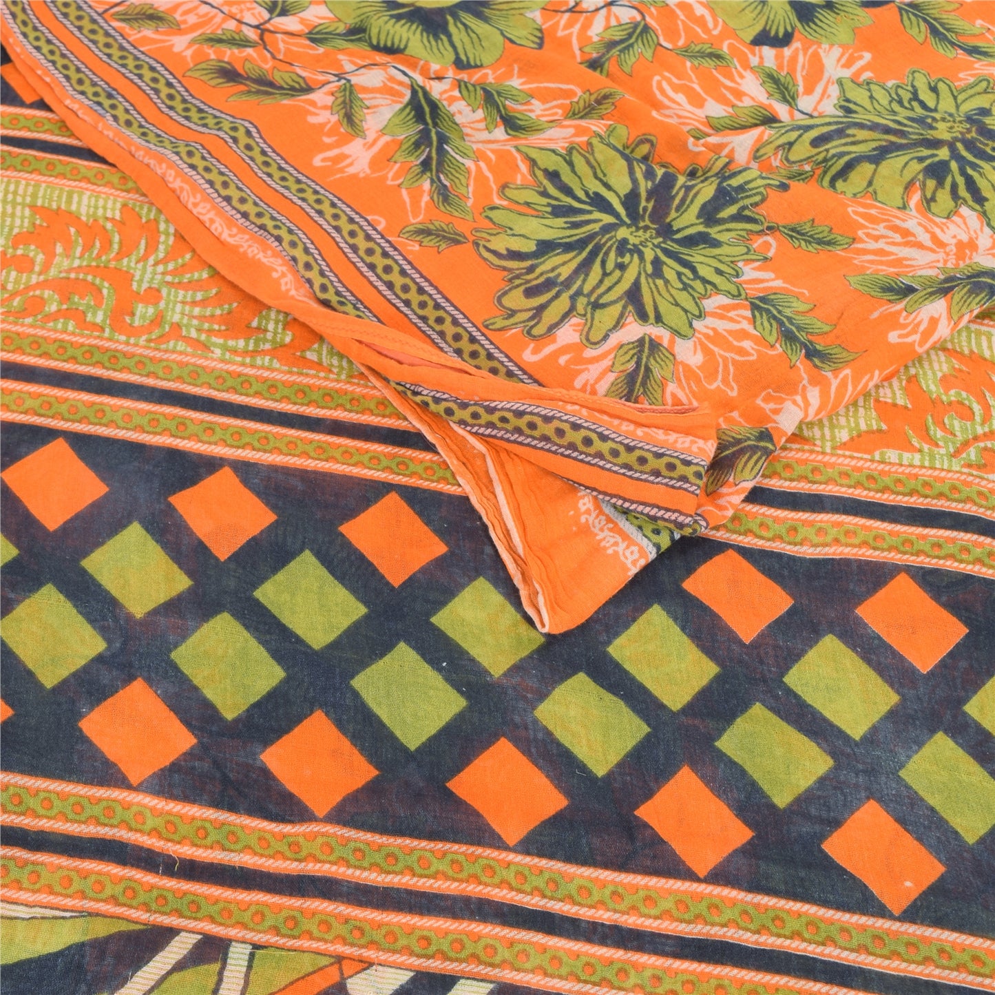 Sanskriti Vintage Sarees Orange/Green Pure Cotton Printed Sari 5yd Craft Sustainable Fabric
