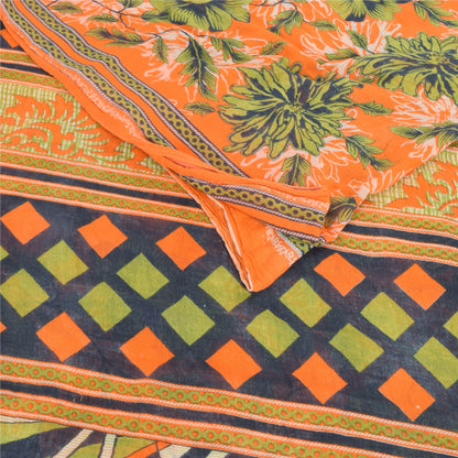 Sanskriti Vintage Sarees Orange/Green Pure Cotton Printed Sari 5yd Craft Sustainable Fabric