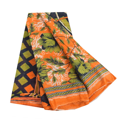 Sanskriti Vintage Sarees Orange/Green Pure Cotton Printed Sari 5yd Craft Sustainable Fabric