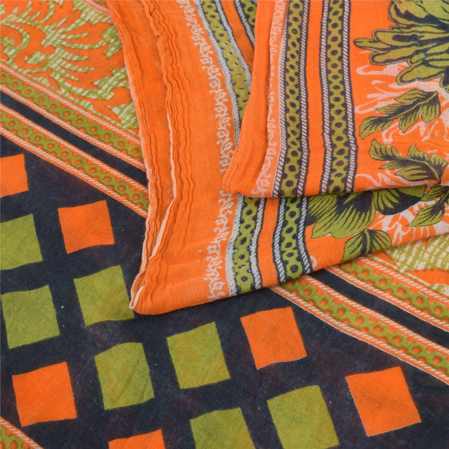 Sanskriti Vintage Sarees Orange/Green Pure Cotton Printed Sari 5yd Craft Sustainable Fabric