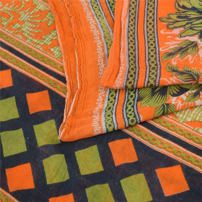 Sanskriti Vintage Sarees Orange/Green Pure Cotton Printed Sari 5yd Craft Sustainable Fabric