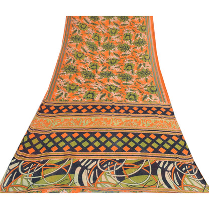 Sanskriti Vintage Sarees Orange/Green Pure Cotton Printed Sari 5yd Craft Sustainable Fabric