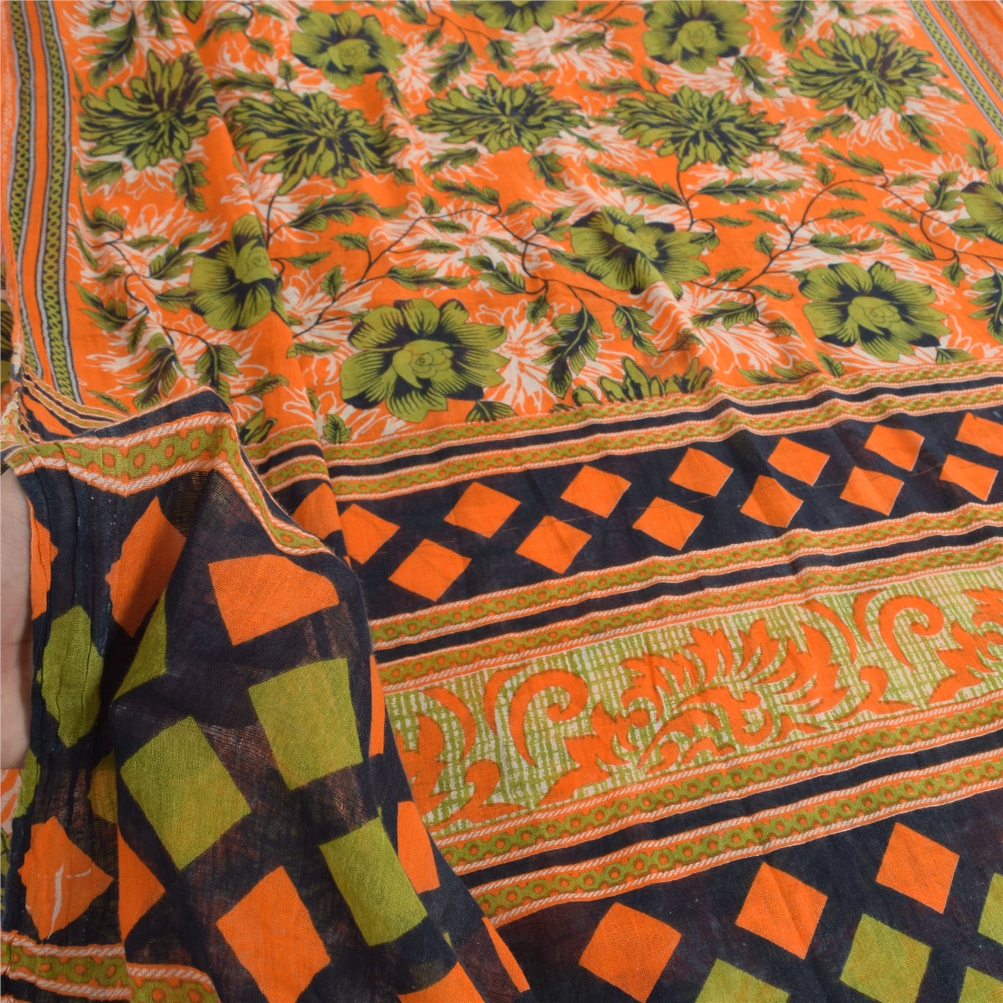 Sanskriti Vintage Sarees Orange/Green Pure Cotton Printed Sari 5yd Craft Sustainable Fabric