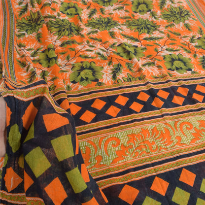 Sanskriti Vintage Sarees Orange/Green Pure Cotton Printed Sari 5yd Craft Sustainable Fabric