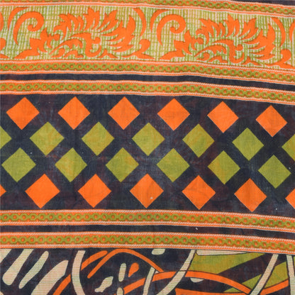 Sanskriti Vintage Sarees Orange/Green Pure Cotton Printed Sari 5yd Craft Sustainable Fabric