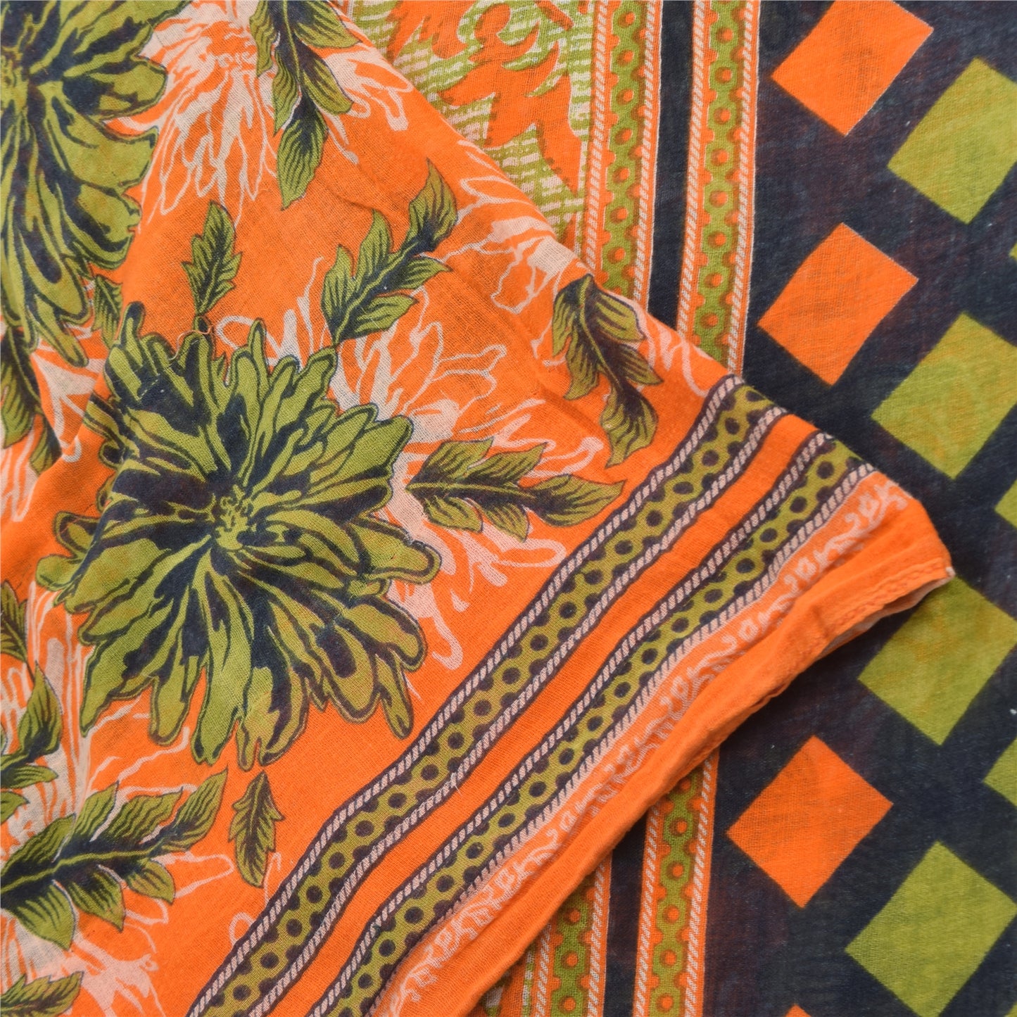 Sanskriti Vintage Sarees Orange/Green Pure Cotton Printed Sari 5yd Craft Sustainable Fabric