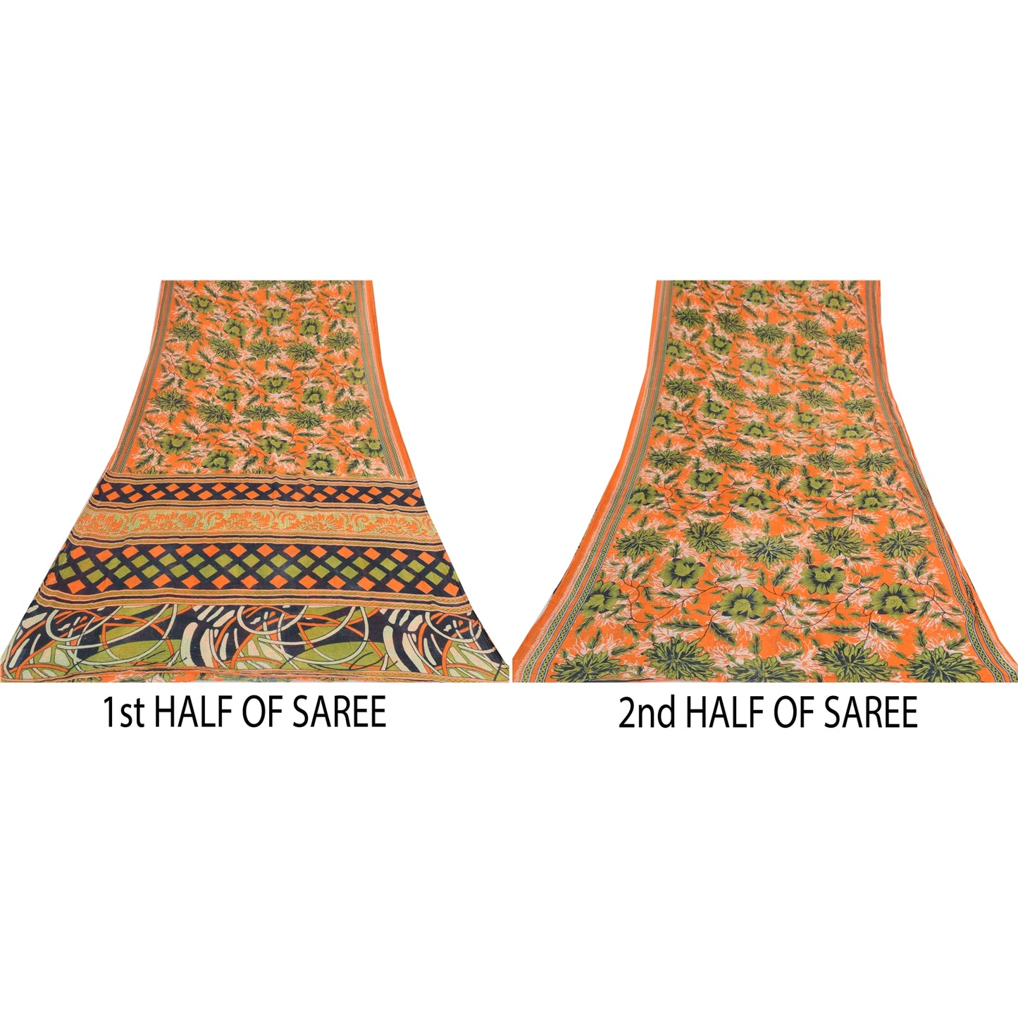 Sanskriti Vintage Sarees Orange/Green Pure Cotton Printed Sari 5yd Craft Sustainable Fabric