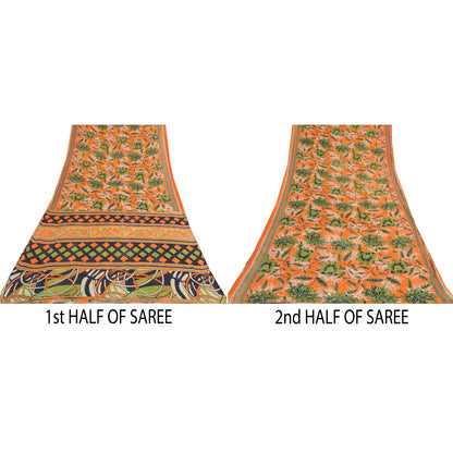 Sanskriti Vintage Sarees Orange/Green Pure Cotton Printed Sari 5yd Craft Sustainable Fabric