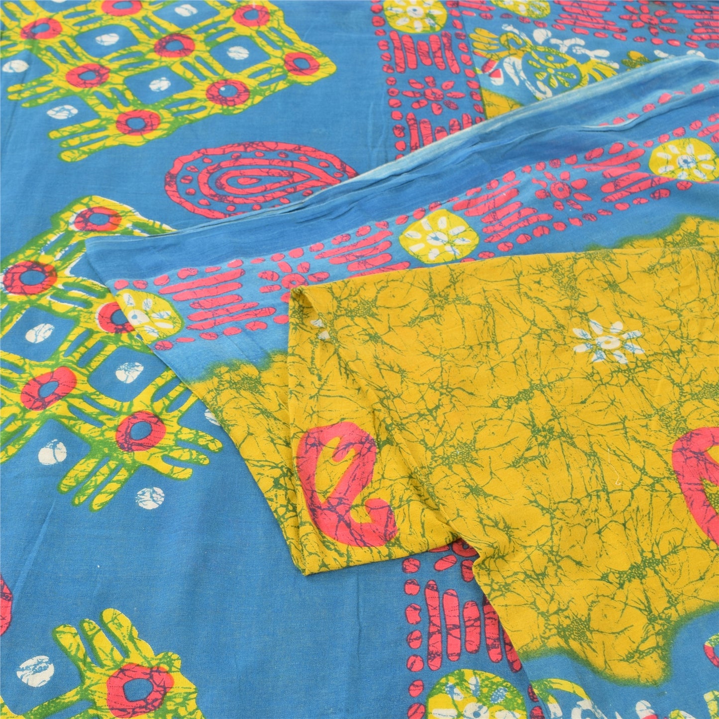 Sanskriti Vintage Sarees Yellow Batik Printed Pure Cotton Sari 5yd Craft Sustainable Fabric