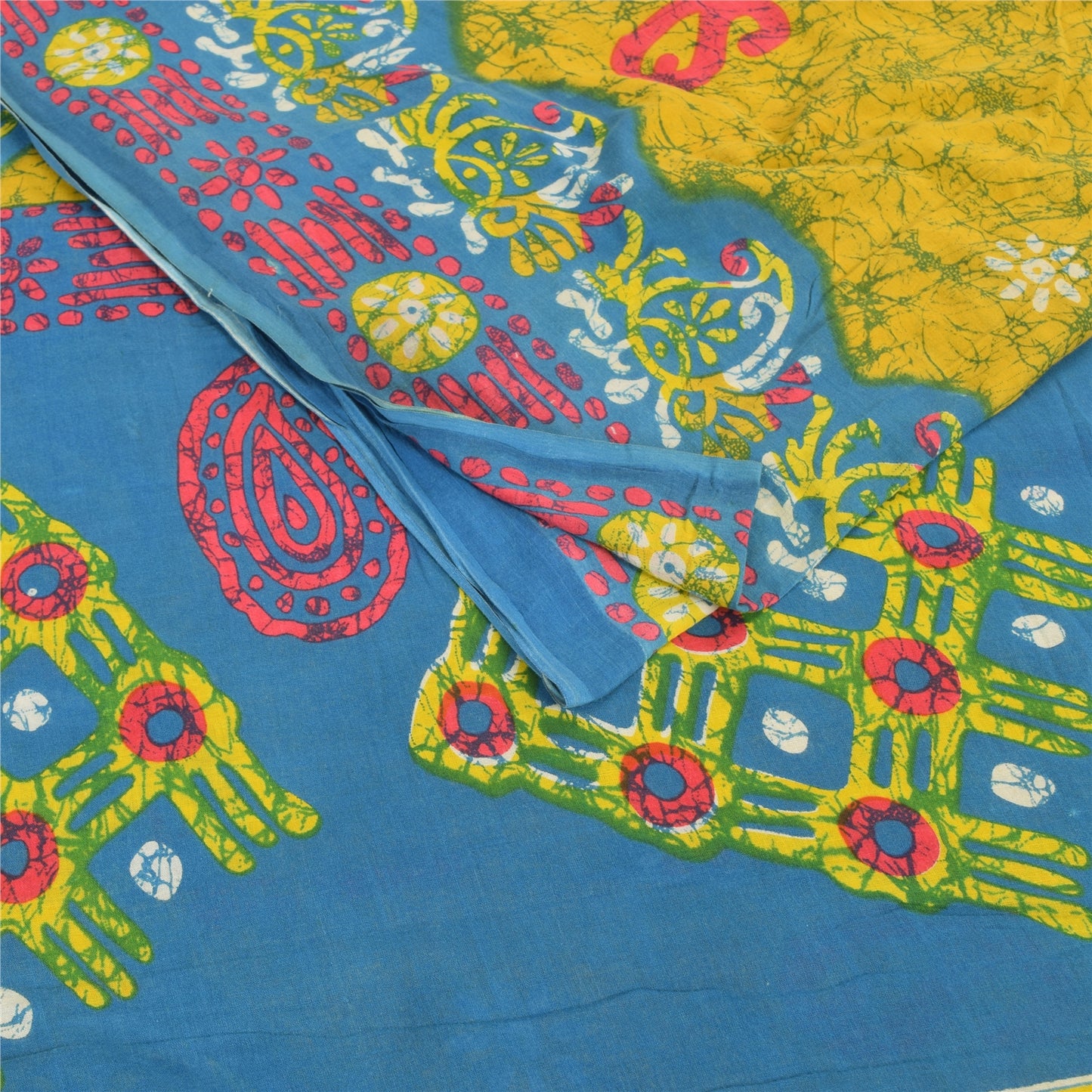 Sanskriti Vintage Sarees Yellow Batik Printed Pure Cotton Sari 5yd Craft Sustainable Fabric