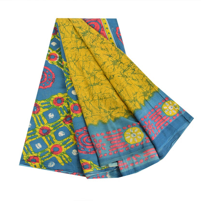 Sanskriti Vintage Sarees Yellow Batik Printed Pure Cotton Sari 5yd Craft Sustainable Fabric