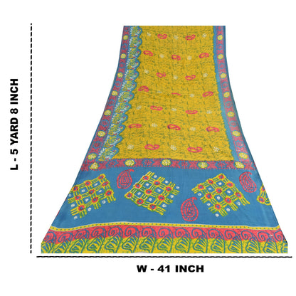 Sanskriti Vintage Sarees Yellow Batik Printed Pure Cotton Sari 5yd Craft Sustainable Fabric