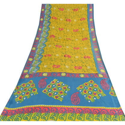 Sanskriti Vintage Sarees Yellow Batik Printed Pure Cotton Sari 5yd Craft Sustainable Fabric