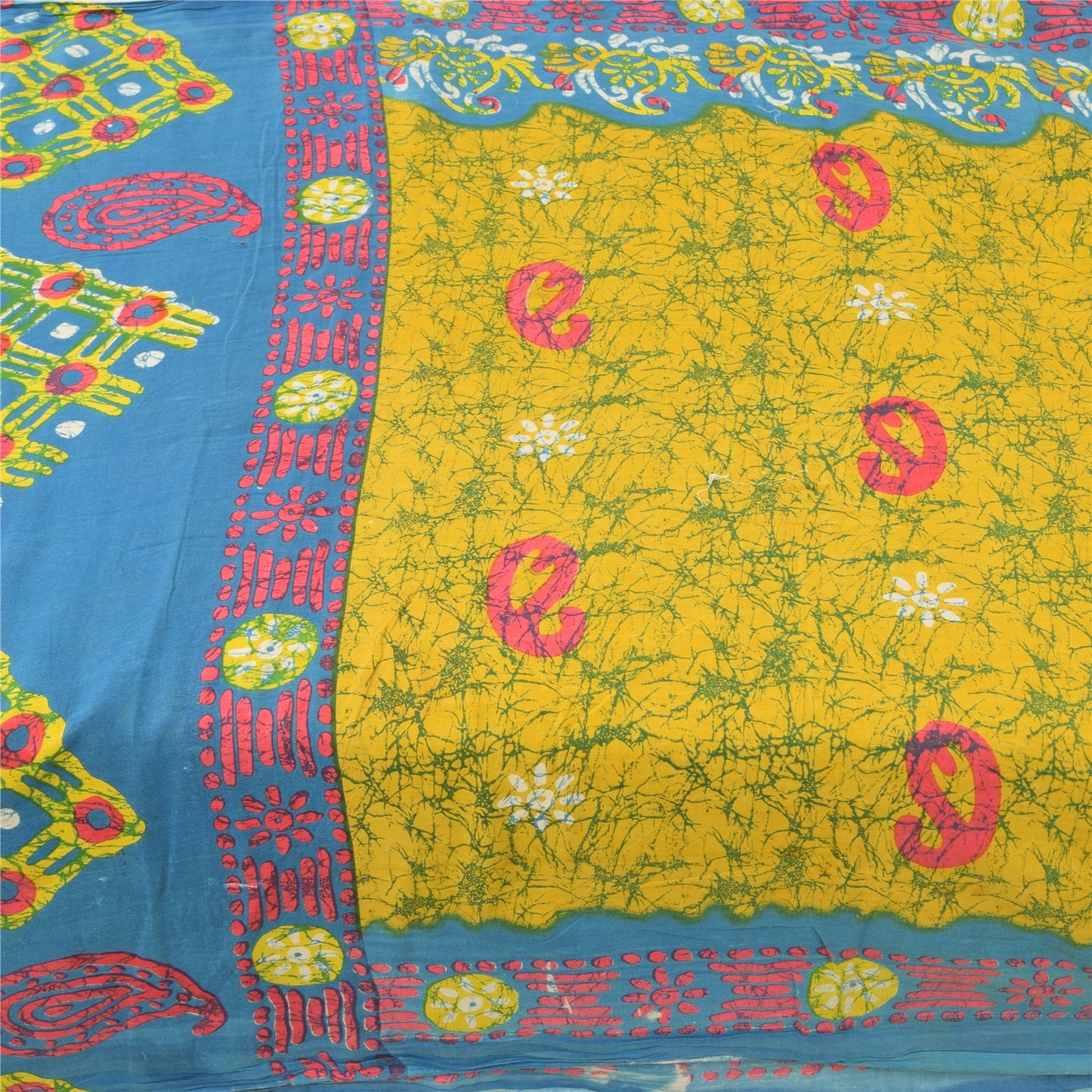 Sanskriti Vintage Sarees Yellow Batik Printed Pure Cotton Sari 5yd Craft Sustainable Fabric