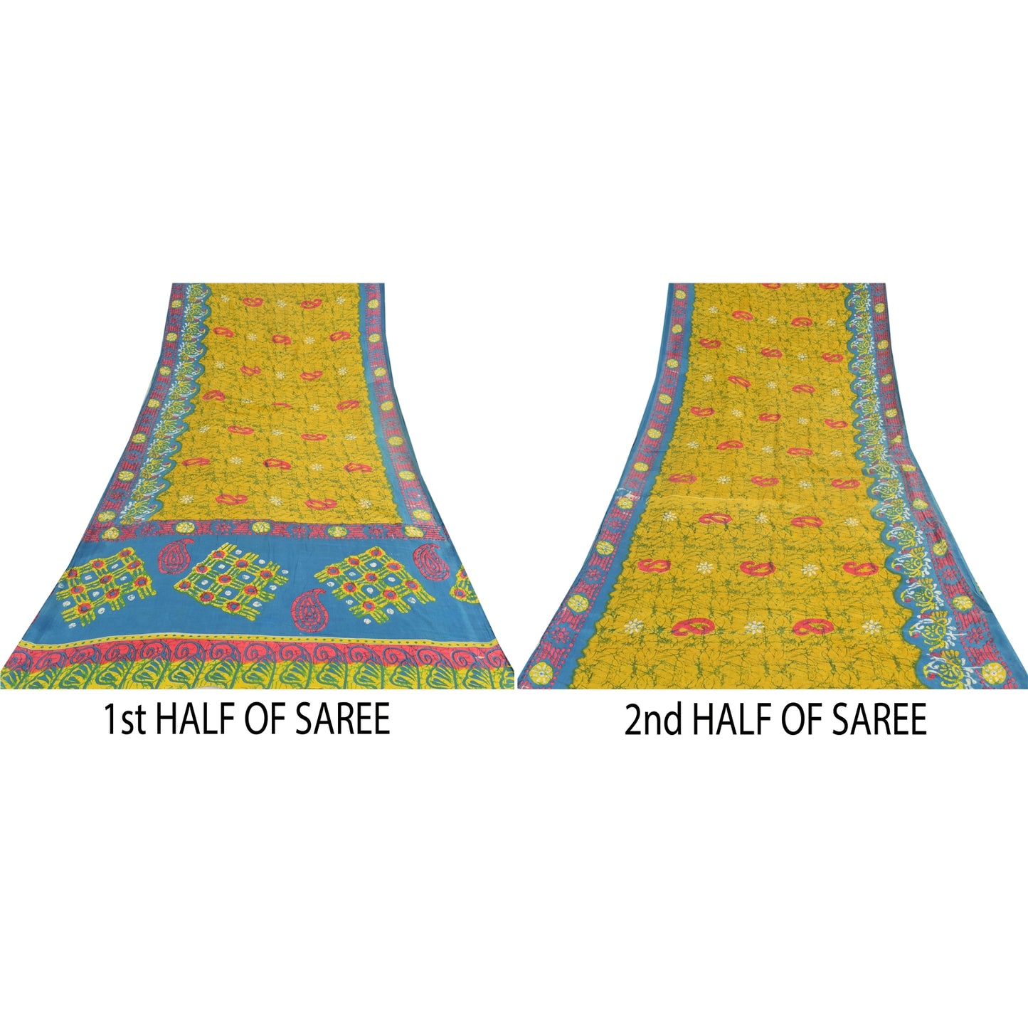 Sanskriti Vintage Sarees Yellow Batik Printed Pure Cotton Sari 5yd Craft Sustainable Fabric