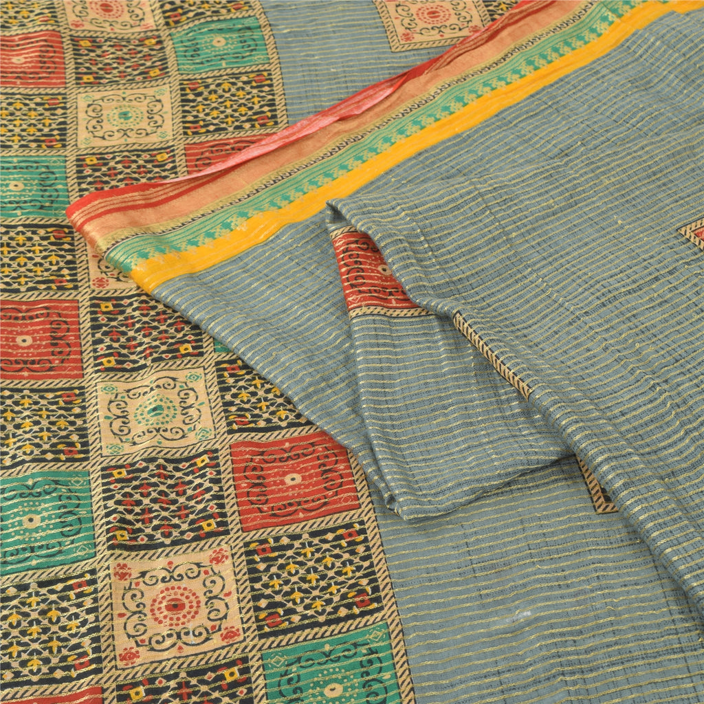 Sanskriti Vintage Sarees Grayish-Blue Pure Cotton Printed Woven Sari 5yd Sustainable Fabric