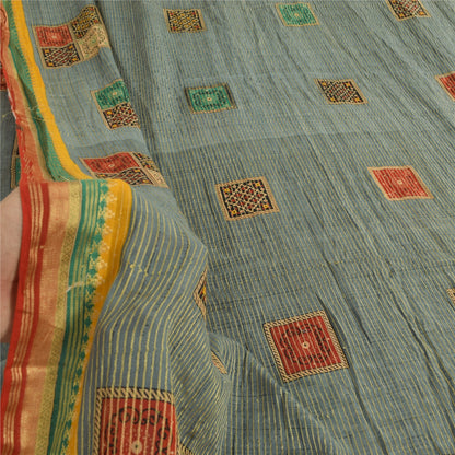Sanskriti Vintage Sarees Grayish-Blue Pure Cotton Printed Woven Sari 5yd Sustainable Fabric