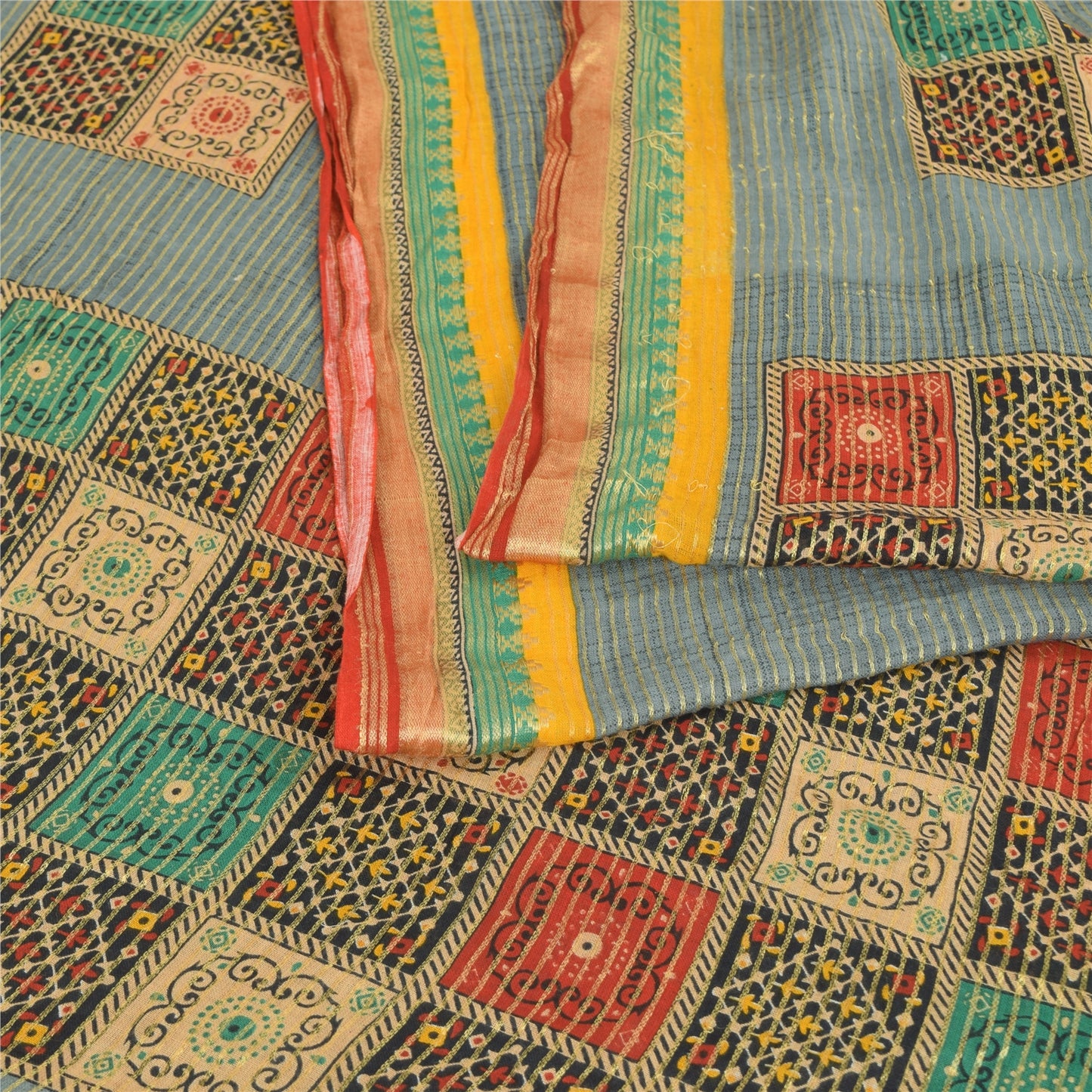 Sanskriti Vintage Sarees Grayish-Blue Pure Cotton Printed Woven Sari 5yd Sustainable Fabric