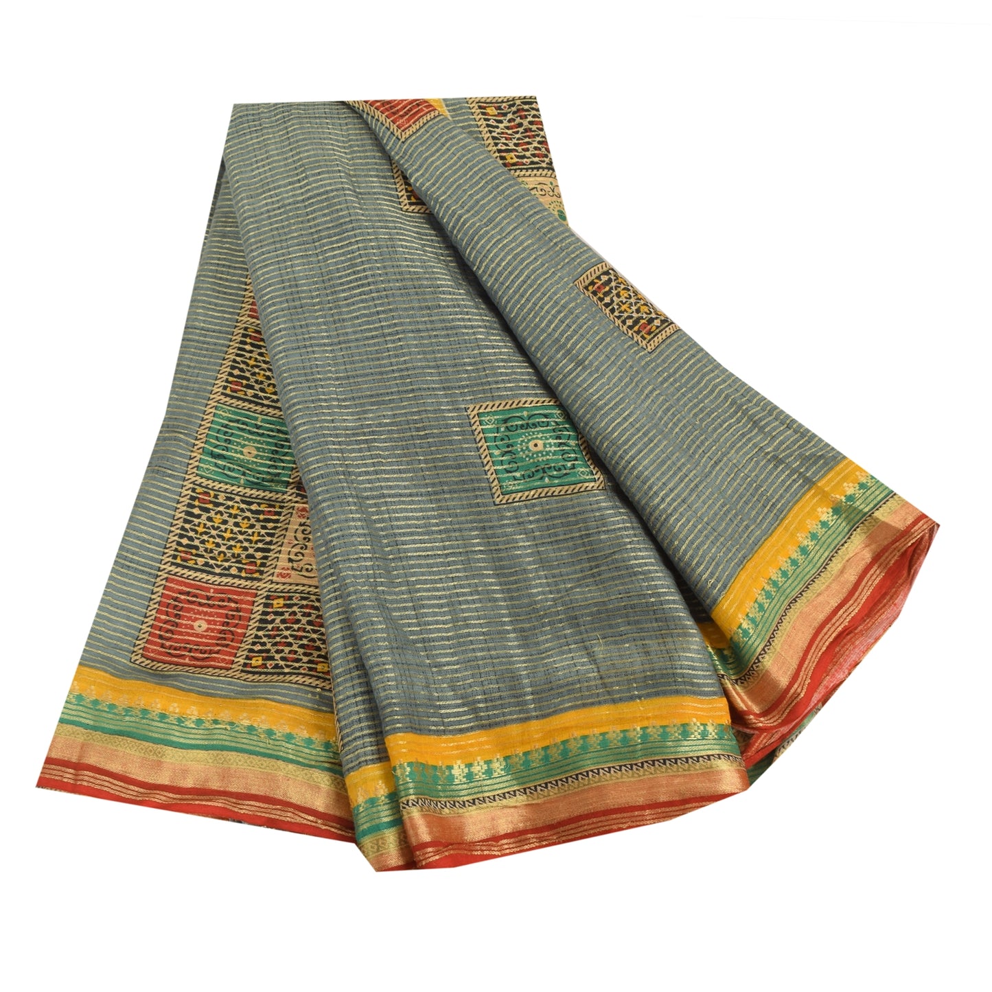 Sanskriti Vintage Sarees Grayish-Blue Pure Cotton Printed Woven Sari 5yd Sustainable Fabric