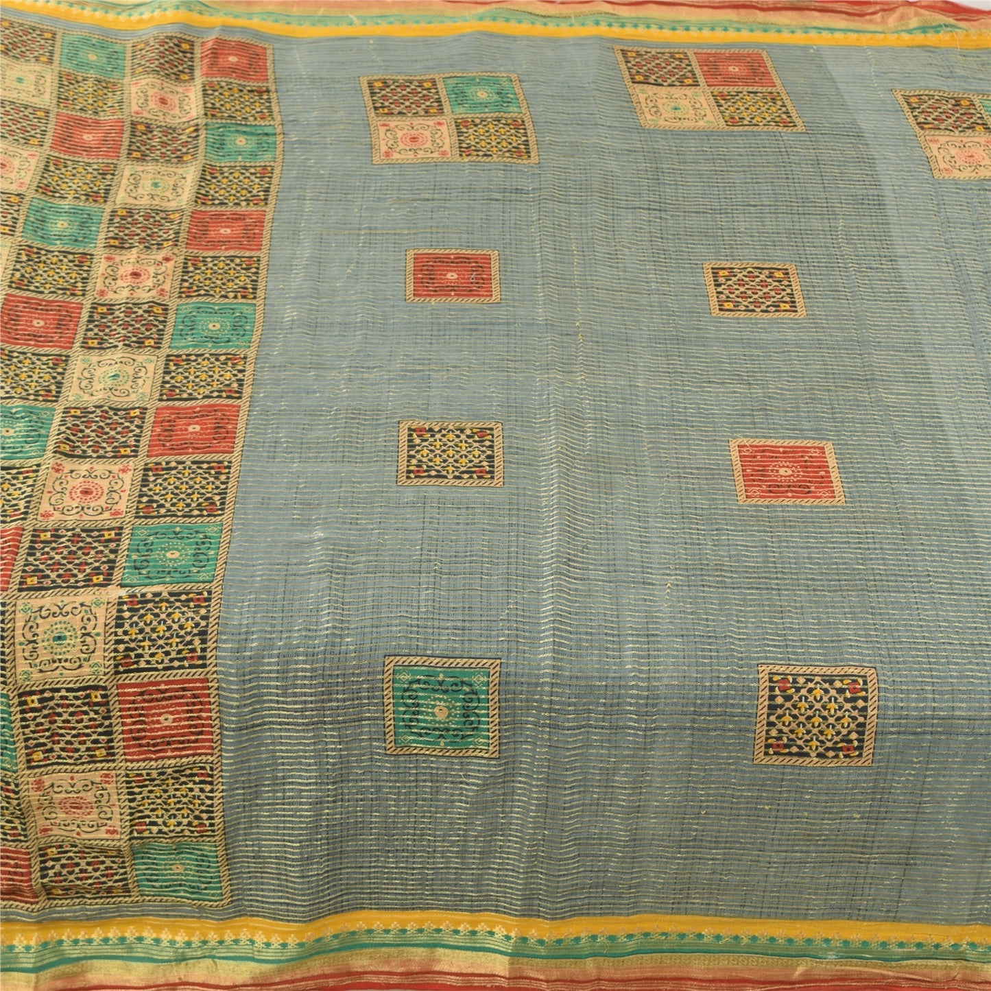 Sanskriti Vintage Sarees Grayish-Blue Pure Cotton Printed Woven Sari 5yd Sustainable Fabric