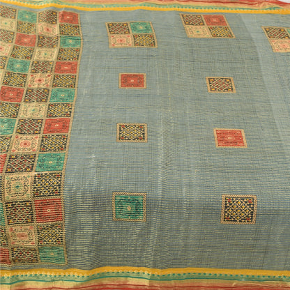 Sanskriti Vintage Sarees Grayish-Blue Pure Cotton Printed Woven Sari 5yd Sustainable Fabric