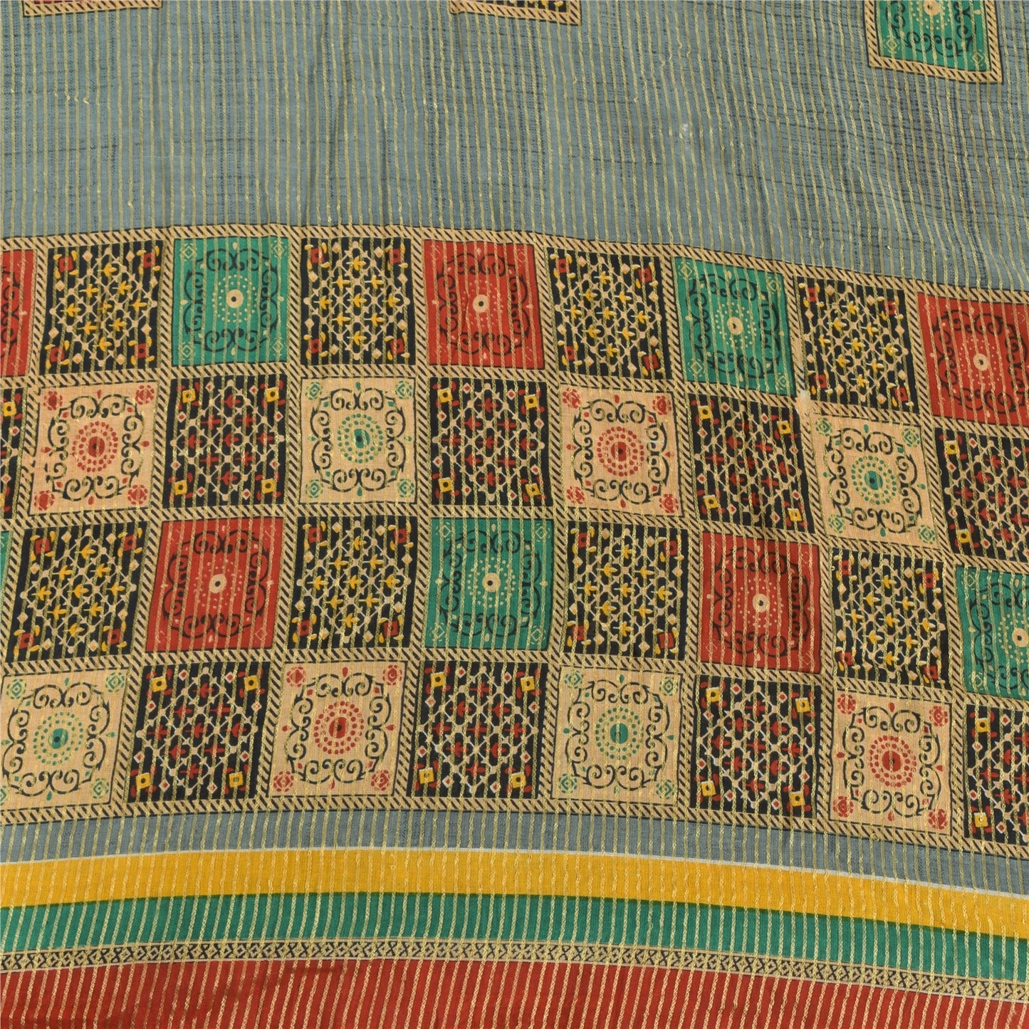 Sanskriti Vintage Sarees Grayish-Blue Pure Cotton Printed Woven Sari 5yd Sustainable Fabric