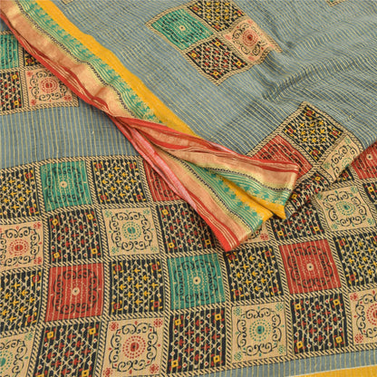 Sanskriti Vintage Sarees Grayish-Blue Pure Cotton Printed Woven Sari 5yd Sustainable Fabric