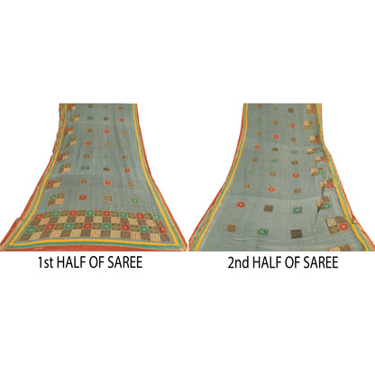 Sanskriti Vintage Sarees Grayish-Blue Pure Cotton Printed Woven Sari 5yd Sustainable Fabric
