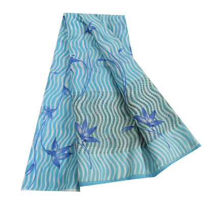 Sanskriti Vintage Sarees Indian Blue Pure Cotton Printed Sari 5yd Craft Sustainable Fabric