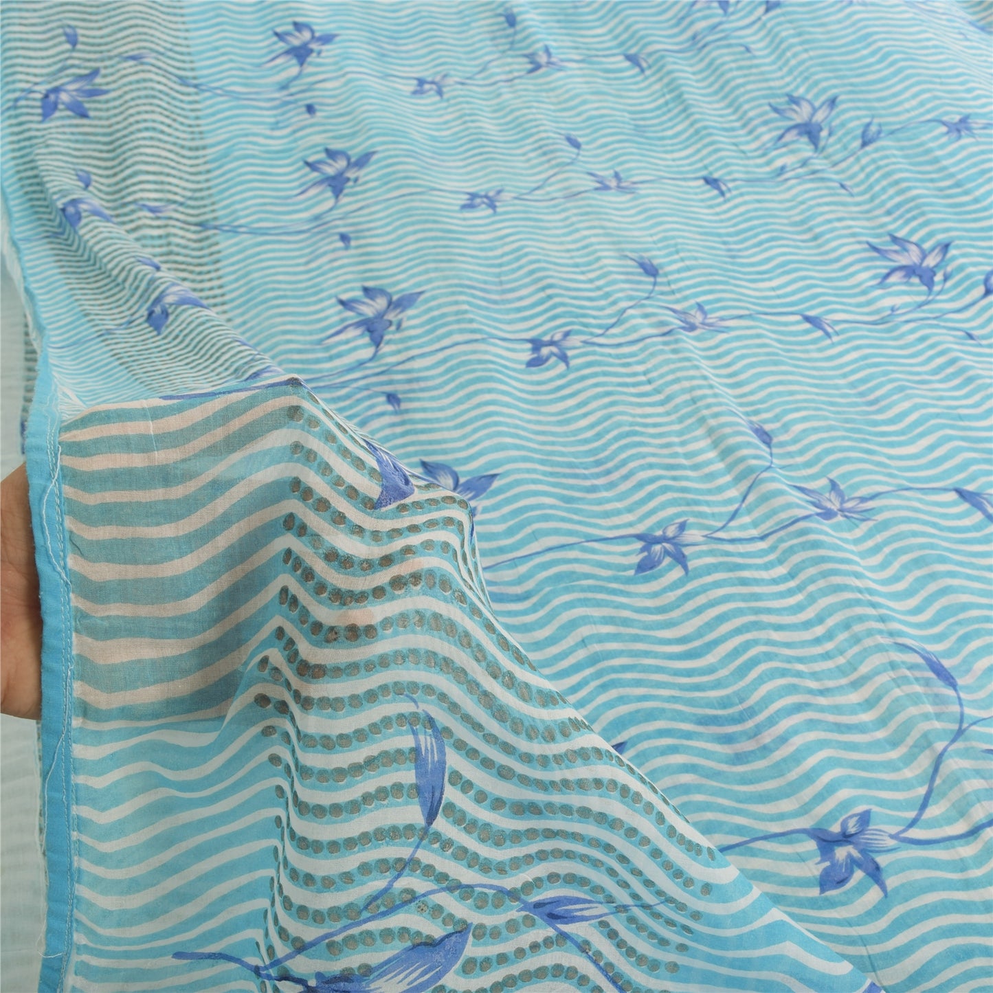 Sanskriti Vintage Sarees Indian Blue Pure Cotton Printed Sari 5yd Craft Sustainable Fabric
