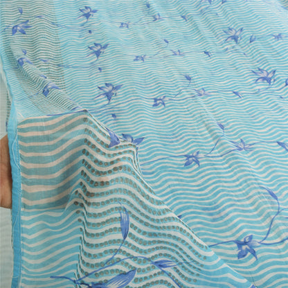 Sanskriti Vintage Sarees Indian Blue Pure Cotton Printed Sari 5yd Craft Sustainable Fabric