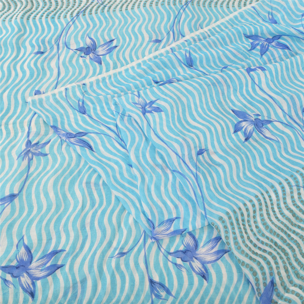 Sanskriti Vintage Sarees Indian Blue Pure Cotton Printed Sari 5yd Craft Sustainable Fabric