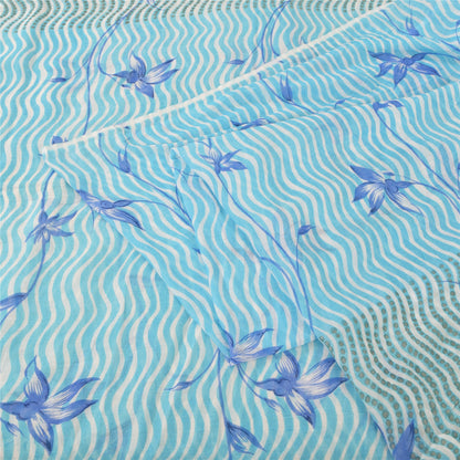 Sanskriti Vintage Sarees Indian Blue Pure Cotton Printed Sari 5yd Craft Sustainable Fabric