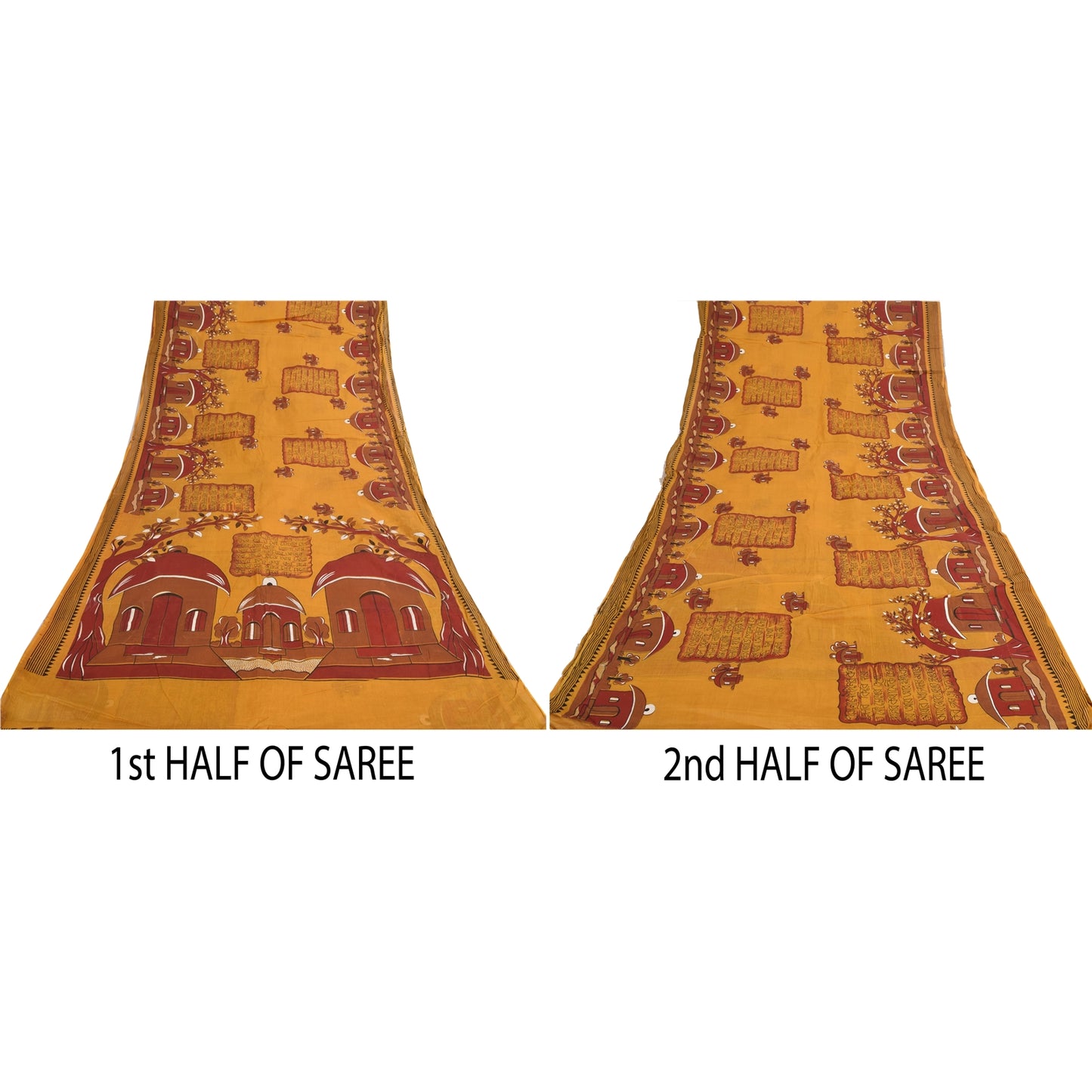 Sanskriti Vintage Sarees Saffron 100% Pure Cotton Printed Sari 5yd Craft Sustainable Fabric