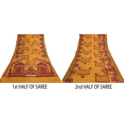 Sanskriti Vintage Sarees Saffron 100% Pure Cotton Printed Sari 5yd Craft Sustainable Fabric