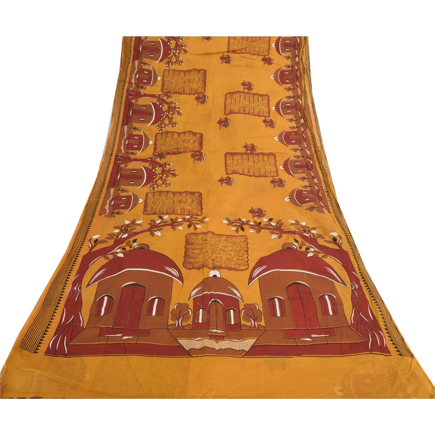 Sanskriti Vintage Sarees Saffron 100% Pure Cotton Printed Sari 5yd Craft Sustainable Fabric
