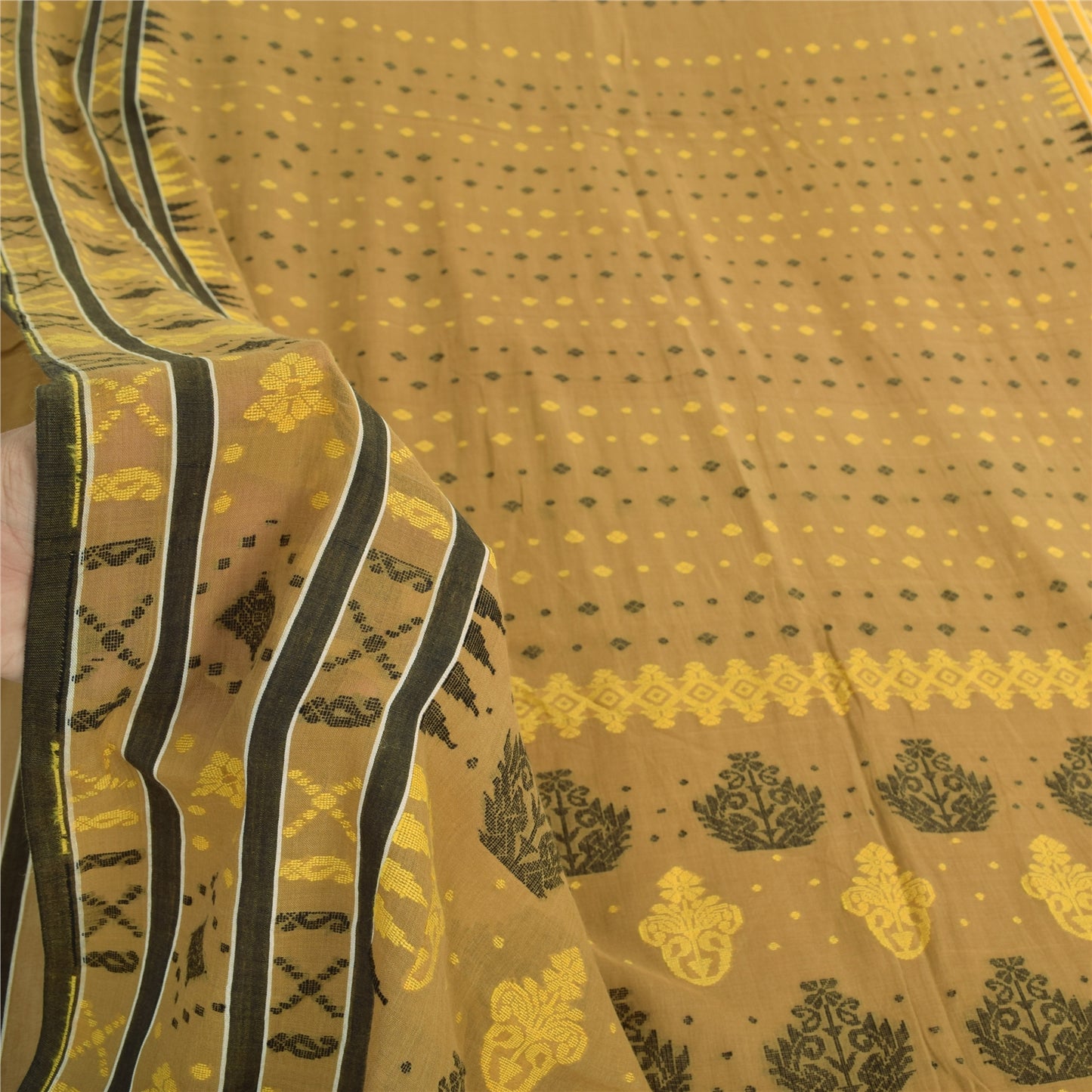 Sanskriti Vintage Sarees Brown Tant Hand Woven Pure Cotton Sari 5yd Craft Sustainable Fabric