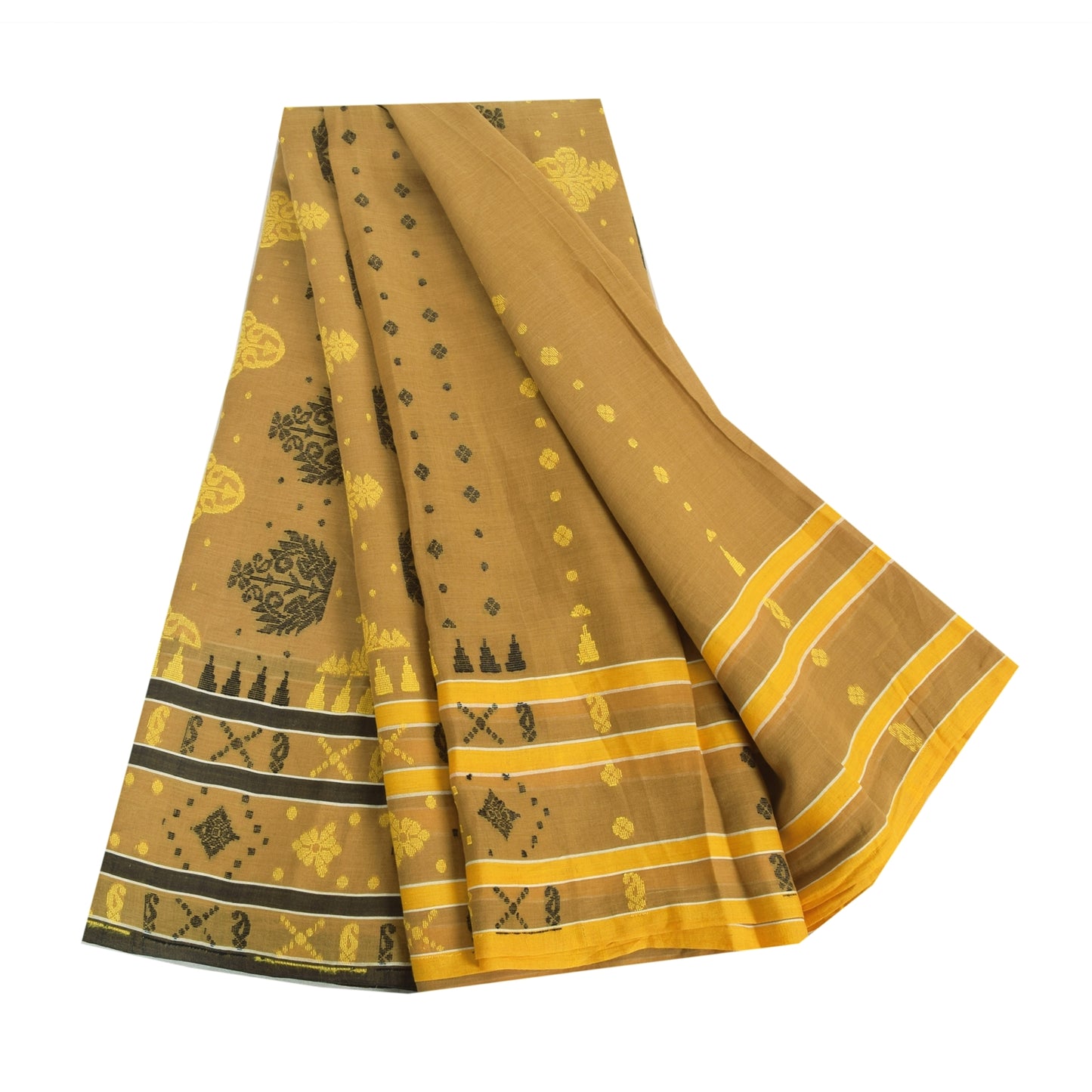 Sanskriti Vintage Sarees Brown Tant Hand Woven Pure Cotton Sari 5yd Craft Sustainable Fabric