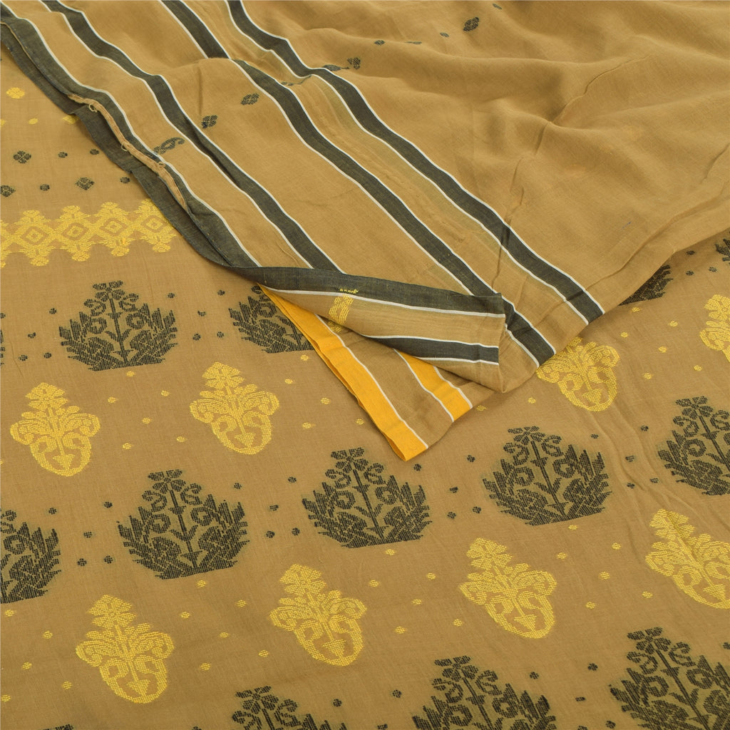 Sanskriti Vintage Sarees Brown Tant Hand Woven Pure Cotton Sari 5yd Craft Sustainable Fabric