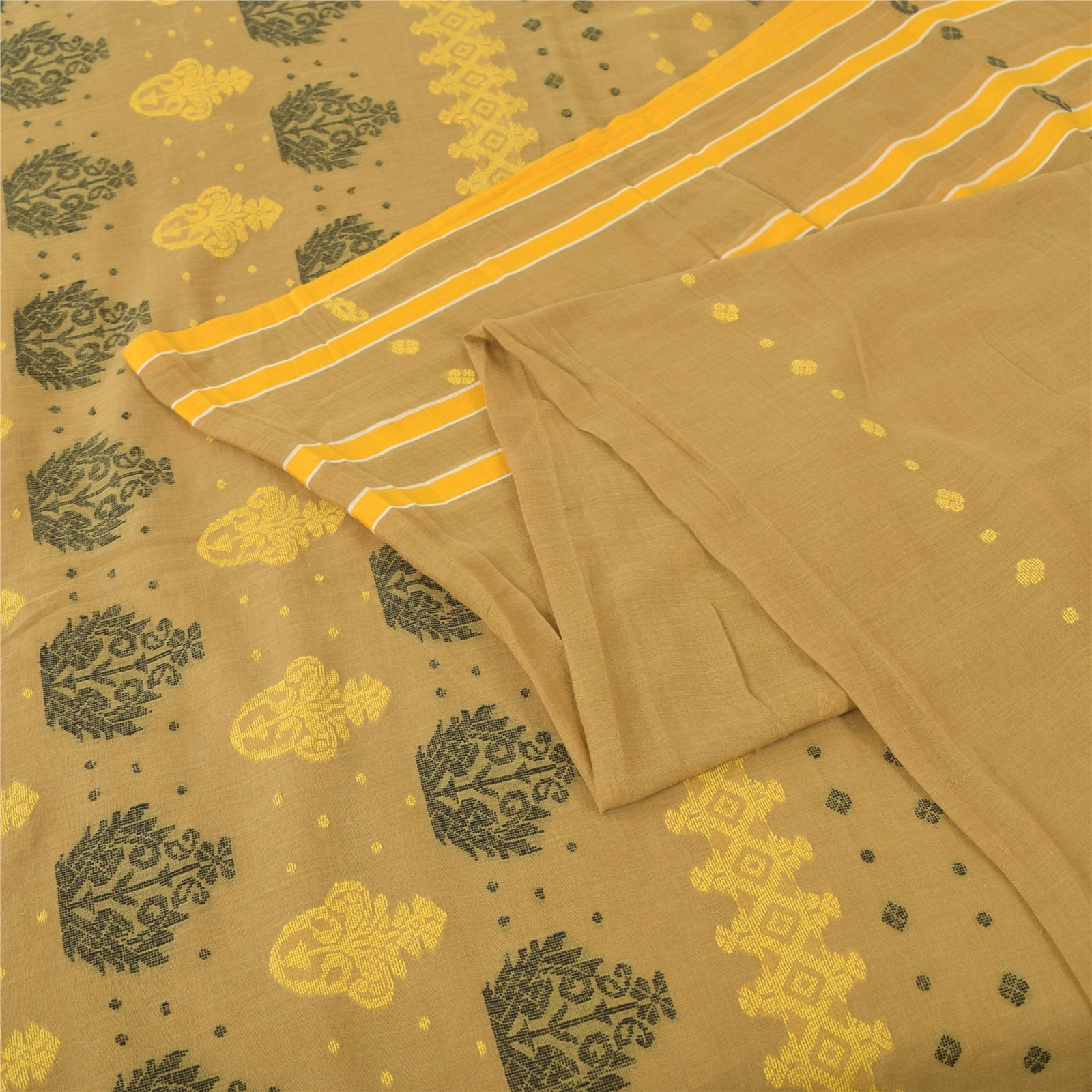 Sanskriti Vintage Sari 100% Pure Cotton Saree Brown Tant Hand Woven Bengali 5Yd Craft Fabric Bohemian Fabric For Dressmaking, Supplies